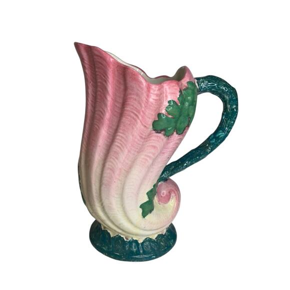 Majolica Pitcher Pink Green Marked Vintage Leaf 9 Inch Ornate
